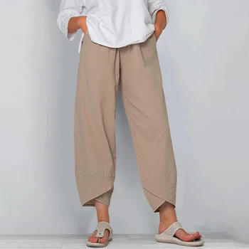 Frauen Baumwolle Leinen Harem Hosen Vintage Gedruckt Breite Bein Hosen Casual Solide Taschen Harajuku Hohe