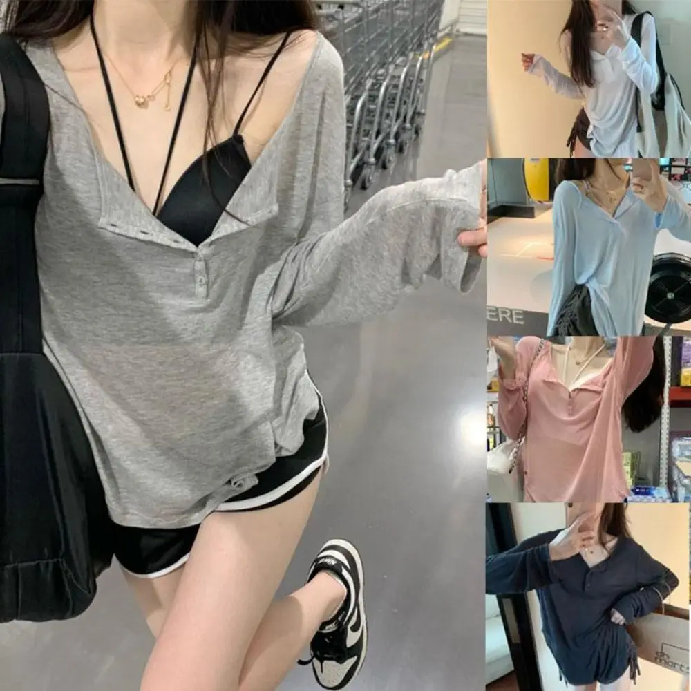Koreanische Mode y2k Tank Top Langarm V Kragen Crop Top Knopf – Bild 5