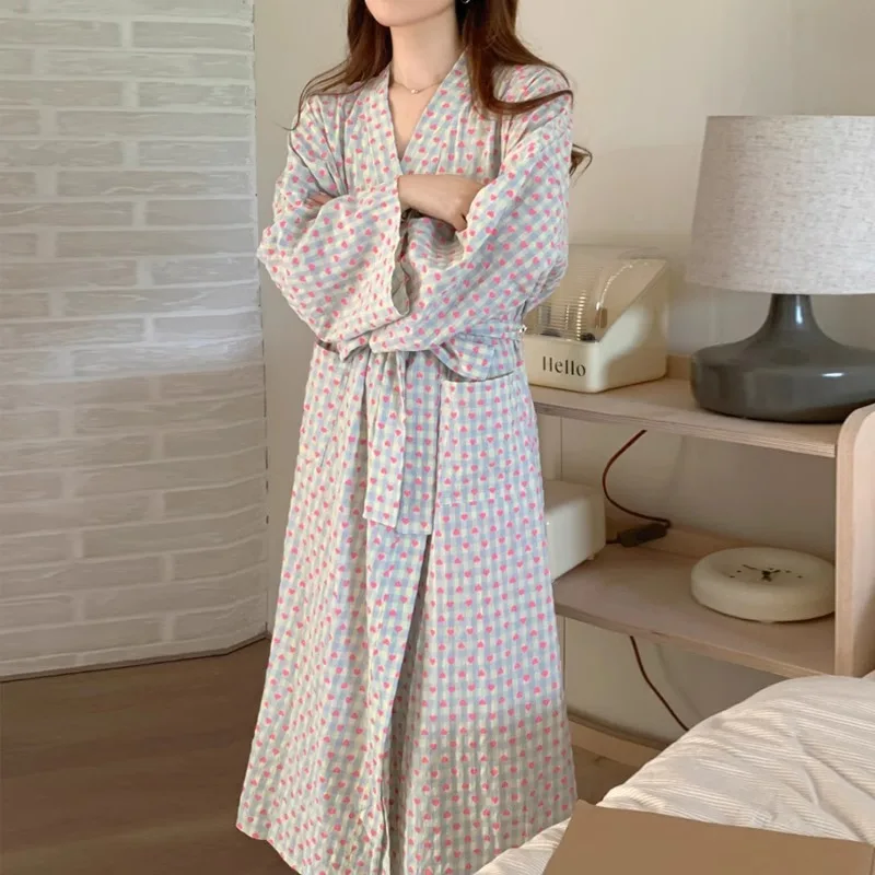 Bademantel Damen Baden Liebe Plaid Lose Langarm Lange Kimono
