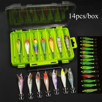 Schachtel Glow Horizontale Tintenfisch Jig Haken Salzwasser Garnelen Angeln Locken Octopus (14 Stück)