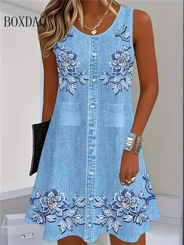 2025 frauen Sommer Ärmelloses Bohemian Kleid Mode Imitieren Cowboy Weste Blumen Druck Kleid Casual Tank Strand
