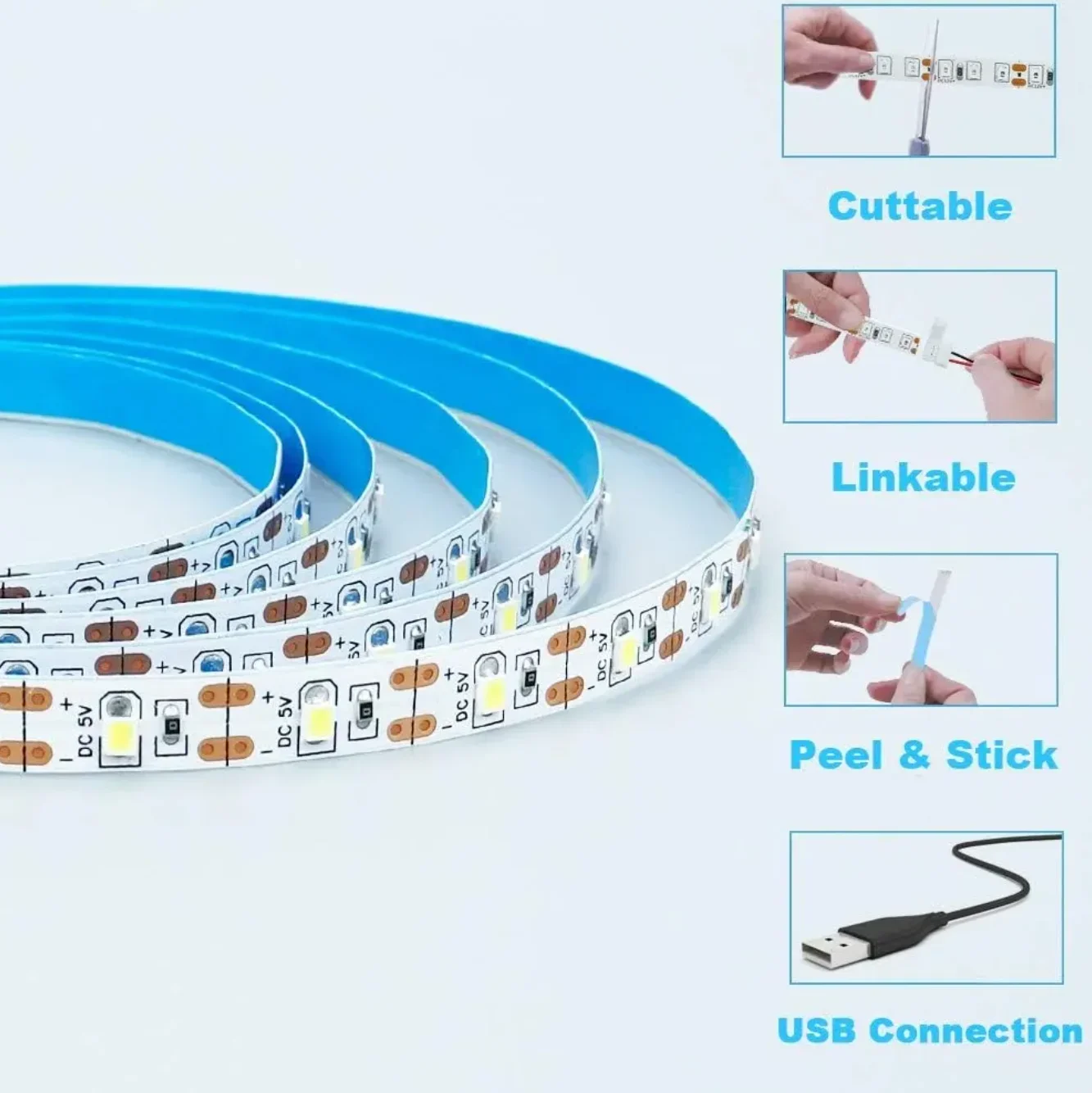 DC 5 V USB-LED-Streifen 2835, weiß, warmweiß, LED-Streifen – Bild 3