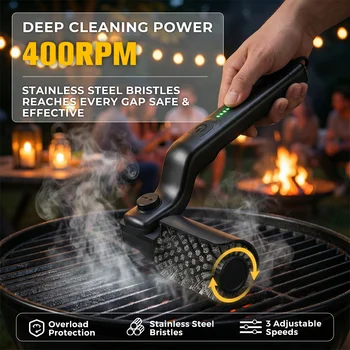Elektrische Grillbürste mit 3 Geschwindigkeitsstufen, 2600mAh Kabellos Aufladbar, Verstellbarer Winkel