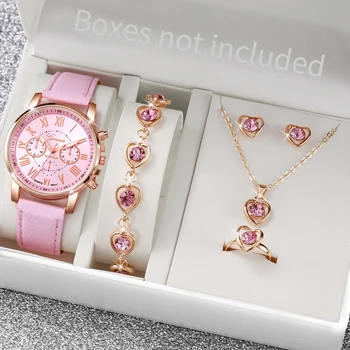 Mode Damen Quarzuhr Lederband Analoge Armbanduhren Herz Strass Schmuckset (Ohne Box)