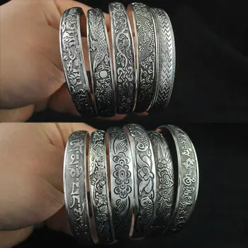 Retro Manschette Armbänder tibetischen Silber Metall schnitzen Fisch Elefant Blume Armreifen Vintage Zigeuner