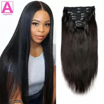 Clip-in-Haarverlängerungen, Echthaar, brasilianisches Haar, gerade, Clip-in, natürliche schwarze Farbe