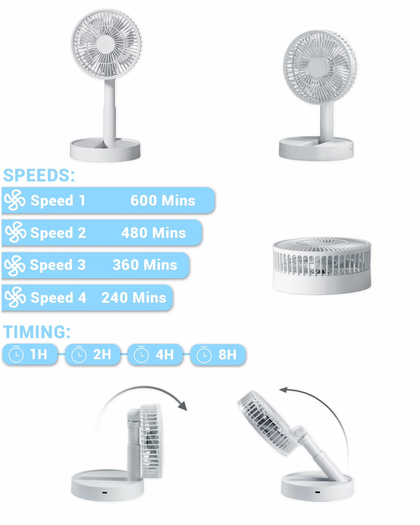 Faltbarer USB-Ventilator mit 4 Geschwindigkeiten und Timing – Bild 5