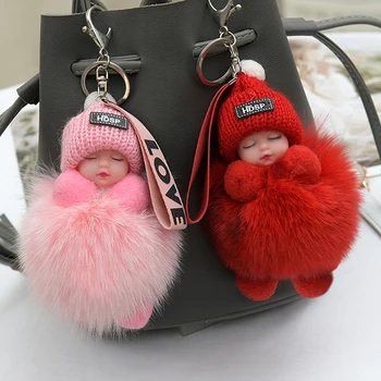 Pompom schlafendes Baby Schlüsselanhänger süße flauschige Plüschpuppe Schlüsselanhänger Frauen Mädchen Taschen