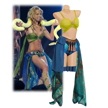 Britney Sklavenkostüm Blau Bühnenkleid Tanz mit Schlangen-BH Shorts Röcke Anzug Damen Halloween Karneval
