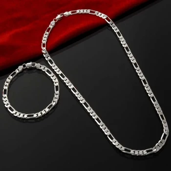 Edle Neu Kommen 925 Silber 4 MM Kette für Männer Frauen Armband Halskette Schmuck-Set Dame Weihnachten