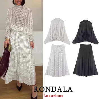 KONDALA Vintage Polka Dot Damen-Sets Chiffon Schleifenbluse Lose Lange Röcke Mode 2026 Frühling Sommer