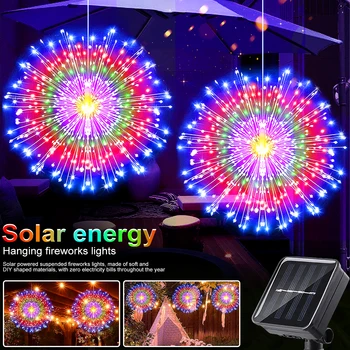 Solar-Feuerwerkslichter für den Außenbereich - 90/150/200 LEDs, 8 Modi, Kupferdraht-Hängelichterkette für Hof