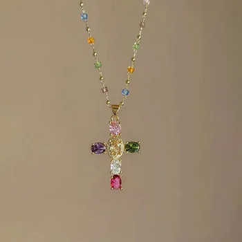 Mode Bunte Zirkon Kreuz Anhänger Halskette Für Frauen Edelstahl Silber Farbe Charme Religiöse Halsketten