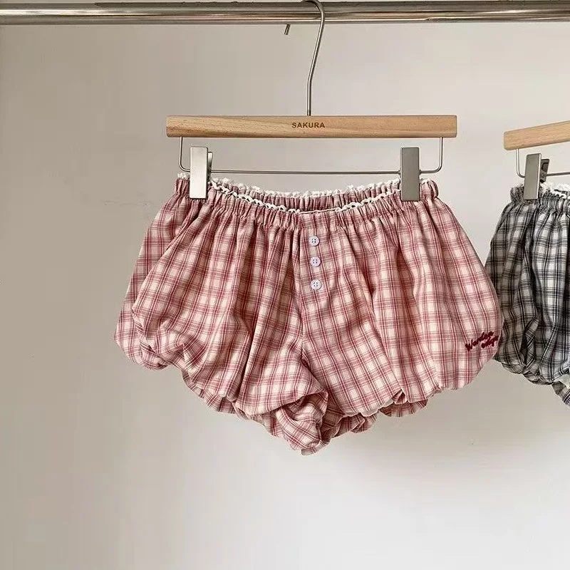 Damen Plaid Bubble Shorts Elastische Taille Bloomer Shorts – Bild 3