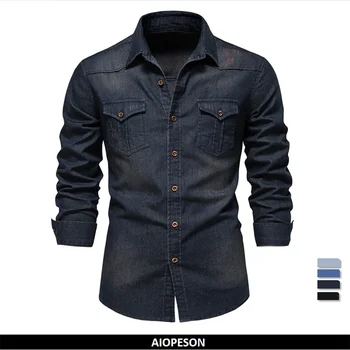 AIOPESON Marke Elastische Baumwolle Denim Hemd Männer Langarm Qualität Cowboy Shirts für Männer Casual Slim