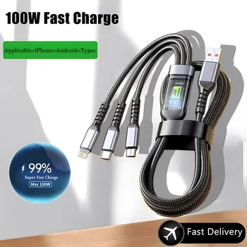 100 W Schnellladekabel, Multi-Ladekabel, Nylon, geflochten, mehrere USBs, universeller 3-in-1-Ladekabeladapter