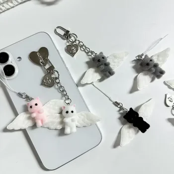 Süße Engelsflügel Fuzzy Kitty Katze Herz Schlüsselanhänger Beflocktes Kätzchen Kawaii Handykette Anti-Verlust