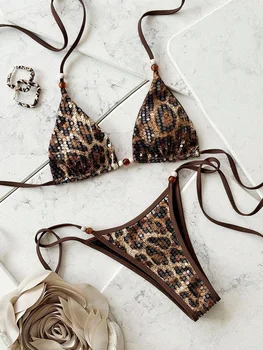 2026 Leoparden-Pailletten Neckholder-Bikini Damen Bademode Zweiteiliger Badeanzug Bikini-Set Badebekleidung