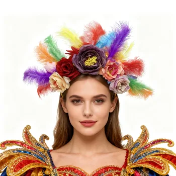 1er-Pack Neues Karnevals-Stirnband, Künstliche Blumen & Bunte Federn, Leuchtend & Auffällig, Ideal für Partys
