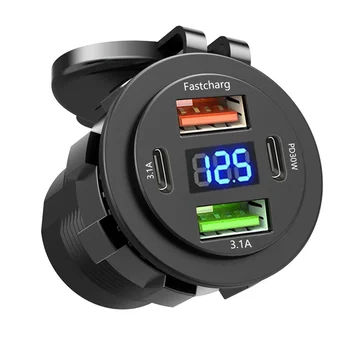 Einbau-Ladebuchse 2× USB-C + 2× USB mit Voltmeter, wasserdicht, 12/24 V