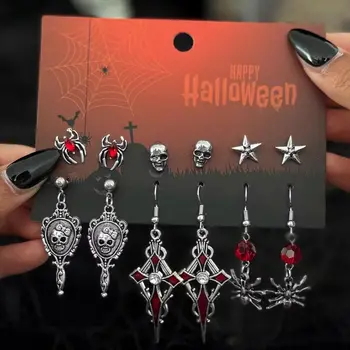 Ingemark 6 Paare/satz Halloween Roten Kristall Schädel Spinne Metall Tropfen Ohrringe für Frauen Goth Kreuz