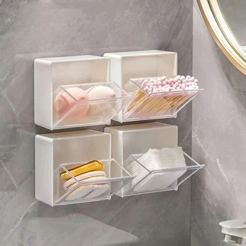 Kunststoff-Aufbewahrungsboxen zur Wandmontage, staubdicht, Badezimmer-Organizer für Wattestäbchen (4 Stück)