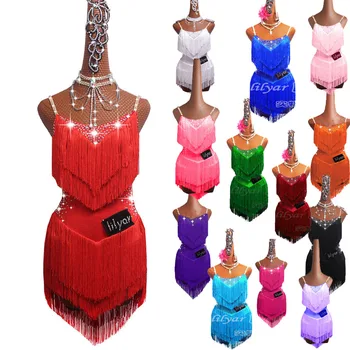 Latein-Tanzkleid, Wettbewerbskostüme, Rock, Strasssteine, für Erwachsene und Kinder, Quaste, verschiedene