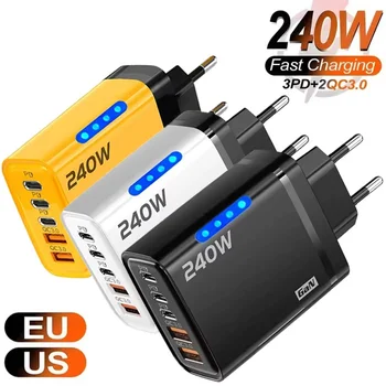 GaN USB-C Ladegerät 240 W, 5-in-1, EU/US-Stecker, für iPhone und Samsung