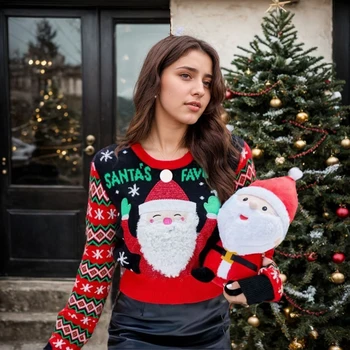 Niedlicher lustiger Weihnachtspullover für Damen, Vintage-Stil, bestickt, Weihnachtsmann, 3D-Bart