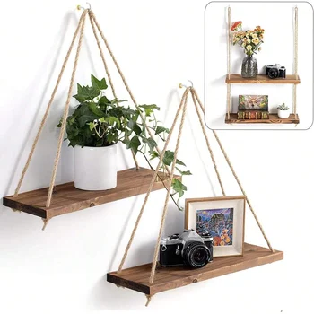 Holz schaukel hängen Hanf Seil Wandre gal montiert schwimmende Haus Wohnzimmer Pflanze Blumentopf Tablett