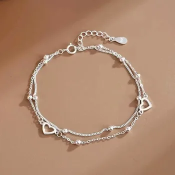 925 Sterling Silber Hohl Herz Armbänder Für Frauen Mädchen Vintage Koreanische Design Doppel Schicht Perlen