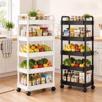 5-stöckiger Rollwagen, schwarzer mobiler Trolley, freistehendes Regal für Küche, Snacks, Obst, Gemüse