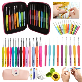 16pcs Häkelhaken-Kits mit Aufbewahrung tasche Weich griff Häkeln adeln Garn bindung Strick nadeln Set DIY Web