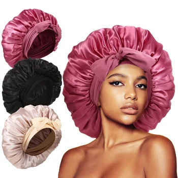 Große Satin-Mütze für Damen, seidige Nachtschlafmütze mit dehnbarem Bindeband, Duschhaube, lockiges Geflecht