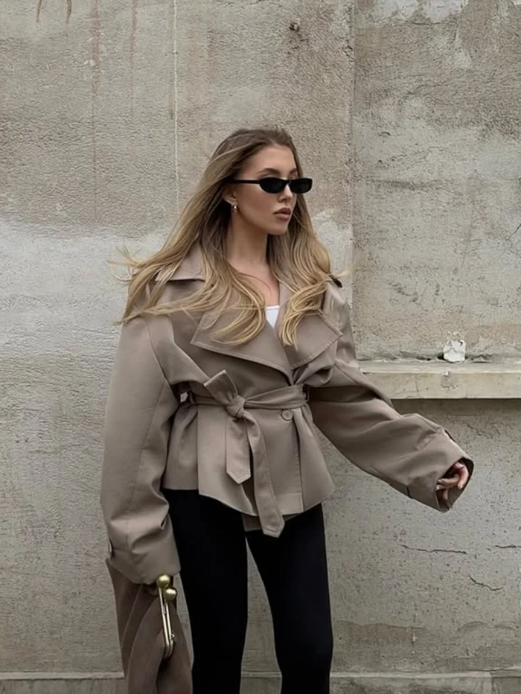 Solide Revers Crop Windjacke Frauen Mode Langarm Gürtel – Bild 3
