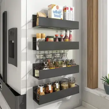 Magnetisches Kühlschrankregal, Gewürzlagerregal, Kühlschrank-Seitenregal, schwarzes Eisen, platzsparendes
