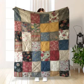 Komfortable Retro-Stil Blumen-Patchwork-Decke - Aus Weichem, Warmem Flanell mit Quasten, Perfekt für den