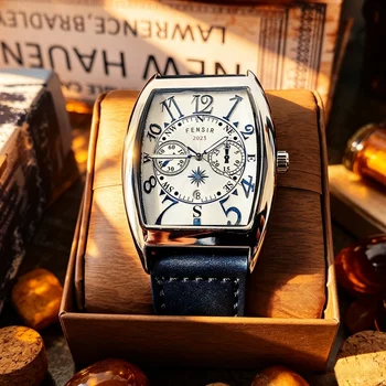 Personalisierte Weinfass-Herrenuhr mit Quarzwerk, Retro Wasserdichte Leuchtende Herrenuhr mit Lederarmband
