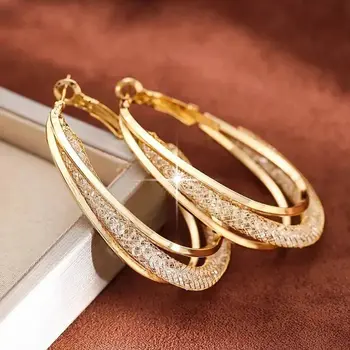 Gold Farbe Kristall Stein Creolen Twisted Metall Form Versilberung Neue Mode Frauen Ohrringe Partei Schmuck