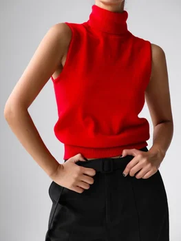Blubelle Damen-Tanktop, neu, Herbst und Winter, gestrickt, ärmellos, Rollkragen, weicher Stoff, trendige