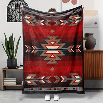 Bohemian-inspirierte Flanell-Überwurfdecke mit rotem geometrischem Muster - weich, wendbar und langlebig