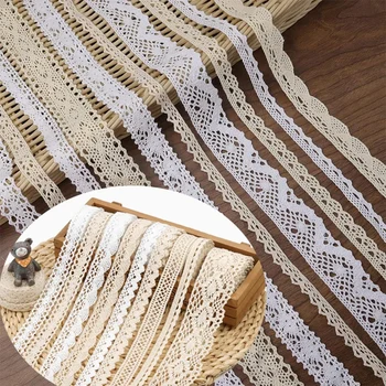 2/5 m Baumwoll-Spitzenbesatz, Vintage-Spitzenband, gehäkelte Baumwollspitze, gewellter Rand, Weiß und Beige