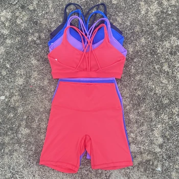 Einfarbig Gym Bike Yoga Set Kurze Legging Kreuz Zurück Sport Bh 2pc Trainingsanzug Athletisch Frauen Gym Anzug
