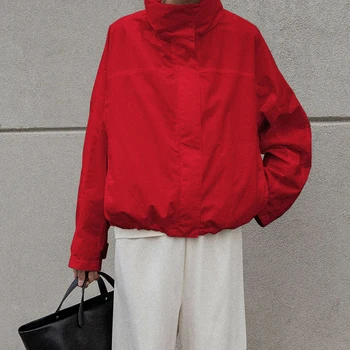 Linad Street Chic Rot Rollkragen Zipper Jacken Herbst Casual Langarm Oberbekleidung Mode Mäntel Für Frau Tops
