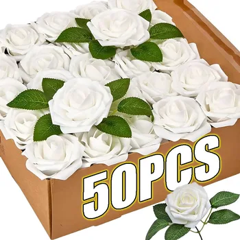 Artificial Roses Flowers Foam Fake Rose Heads With Stems For DIY Wedding Bouquets Home Party Tables