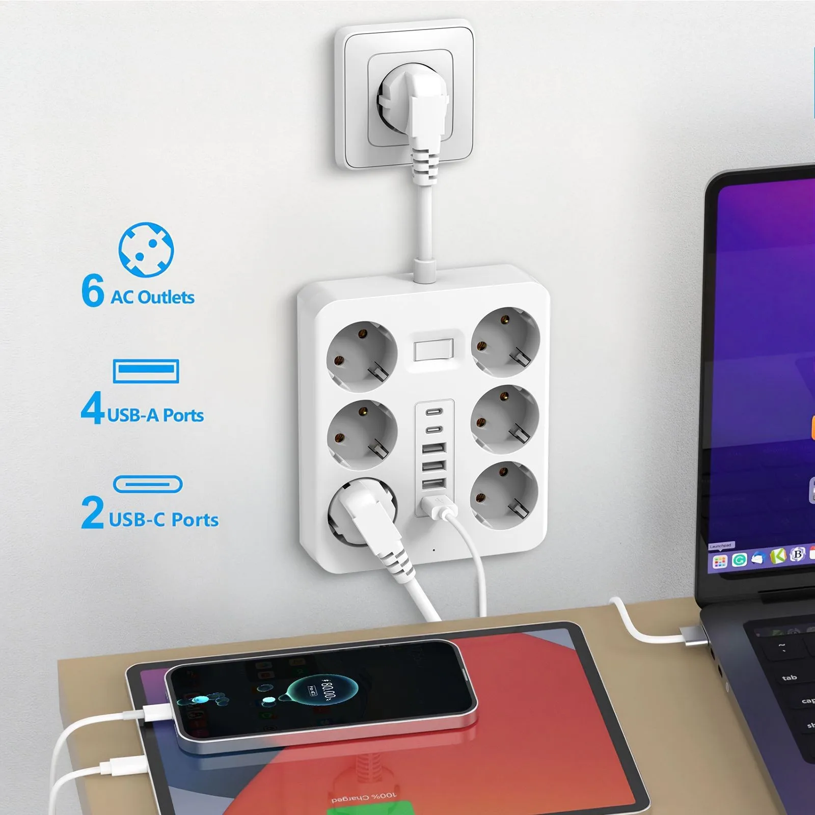 Steckdosen-Extender mit 6 AC-Steckdosen, 4 USB-Anschlüssen, 2