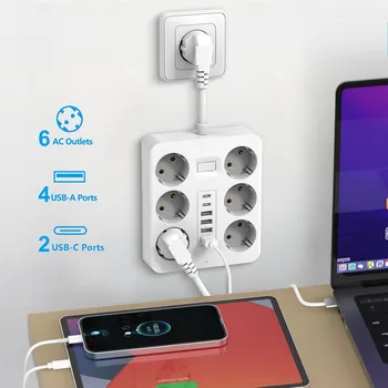 Steckdosen-Extender mit 6 AC-Steckdosen, 4 USB-Anschlüssen, 2 Typ C, EU-Stecker, Ladegerät, elektrischer
