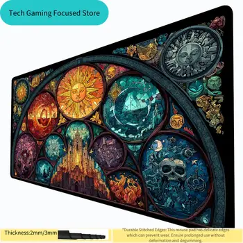 Magic The Gathering Stained Glass Cathedral Sun Spielmatte, MTG Spielmatte mit Zonen, genähten Kanten, 2mm/3mm