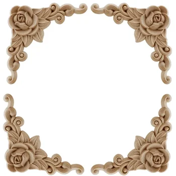 Natürliche florale Holzfiguren zum Basteln, Holz geschnitzte Eckapplikationen, Rahmen, Wand, Tür (4 Stück)