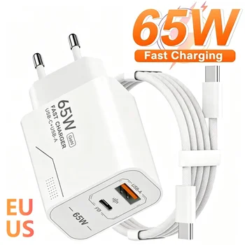 65W GaN USB-C-Ladegerät, 2-Port-Schnellladegerät, Netzteil für iPhone, Samsung, Xiaomi, Typ-C, EU/US-Stecker
